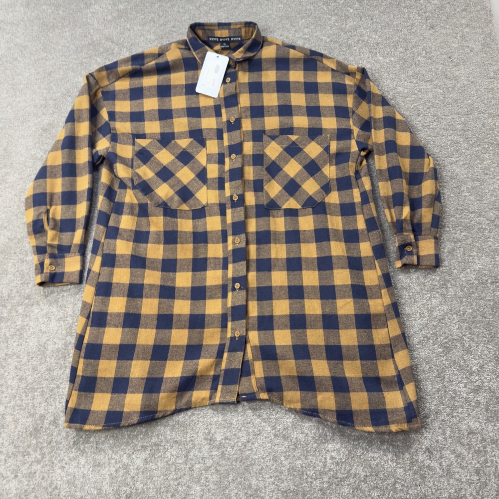 Hyfve Long Camel Plaid Blouse Women Small Mustard Navy Buffalo Check Button Down